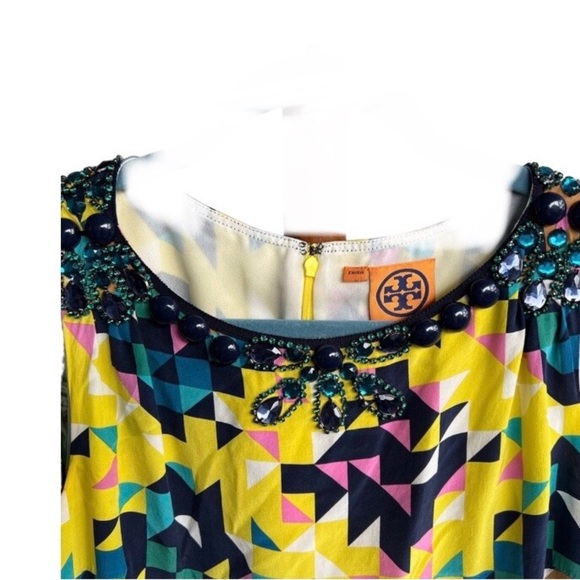 Tory Burch yellow multi geometric gemstone embellished neck blouse top size 2 - Picture 1 of 16